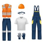 Workwear uniform realistic set with isolated icons of overall orange vest trousers protective gloves and eyeglasses vector illustration